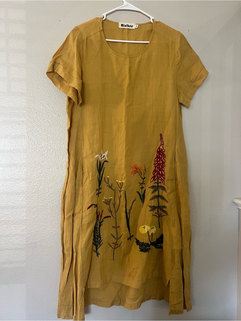 MiniBee Mustard Midi Dress with Embroidered Floral Motif